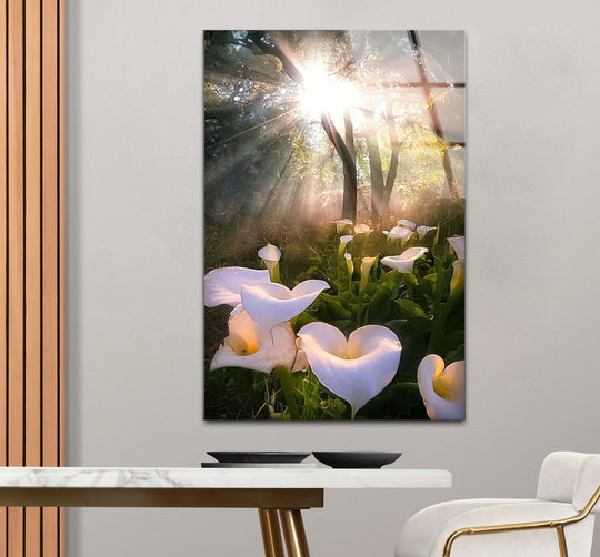 White Lily Forest Wall Art – Sunlit Flower Glass Print, Peaceful Botanical Nature Decor for Bedroom or Living Room - MyPhotoStation