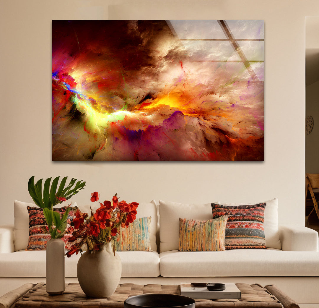 Fiery Nebula Explosion Wall Art – Abstract Cosmic Storm Glass Print Decor