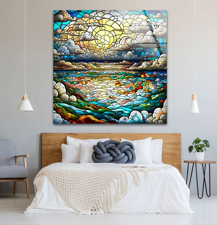 Serene Ocean Sunset Stained Glass Wall Art – Coastal Landscape Window Design