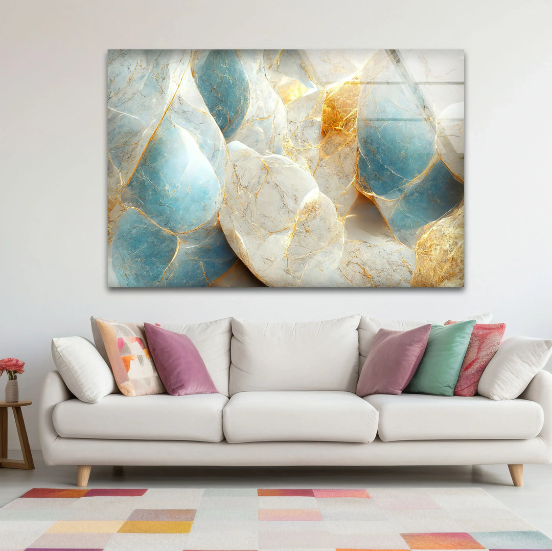 Blue White Marble Wall Art – Elegant Stone Glass Print with Gold Veining for Modern Luxury Interior Decor - MyPhotoStation