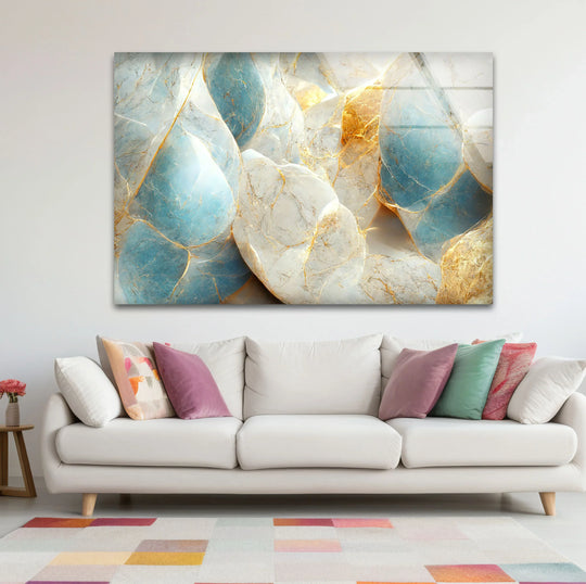 Textured blue and white marble glass art with shimmering gold veins and a glossy finish.