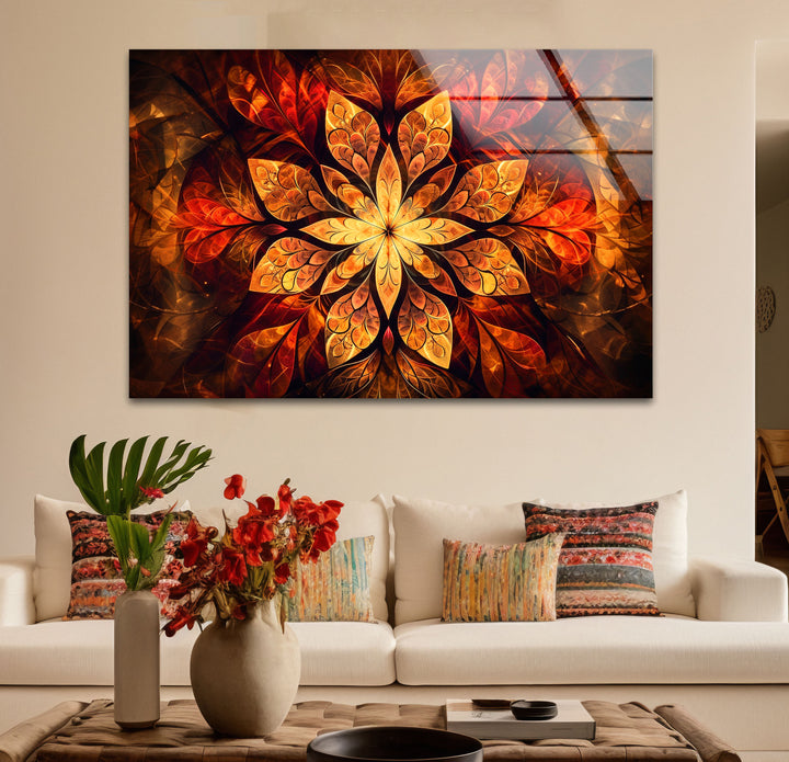 Fiery Mandala Wall Art – Intricate Floral Design with Warm Tones for Home & Office