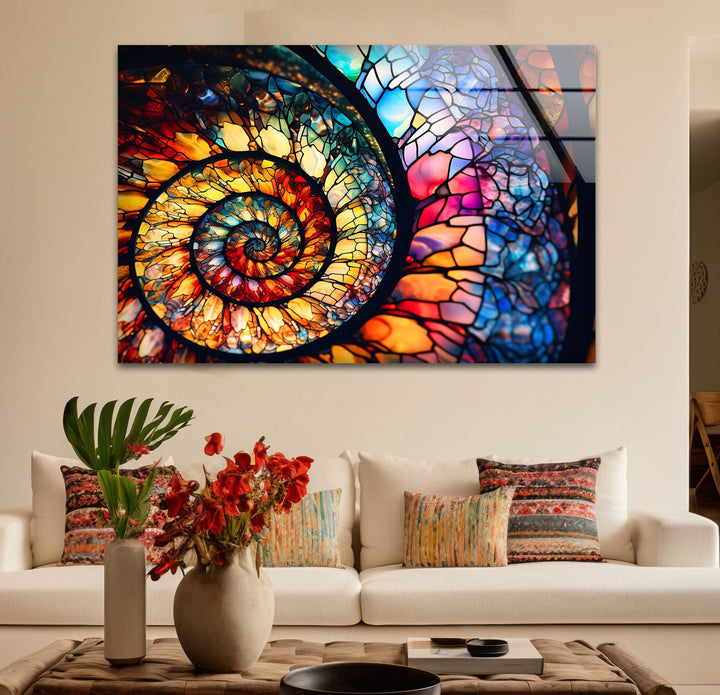 Spiralförmige Wandkunst aus Buntglas – Lebendiges Nautilusmuschel-Design 