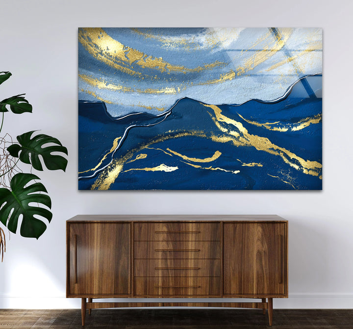 Navy Blue and Gold Abstract Landscape Wall Art – Elegant Glass Print for Modern Living Spaces - MyPhotoStation
