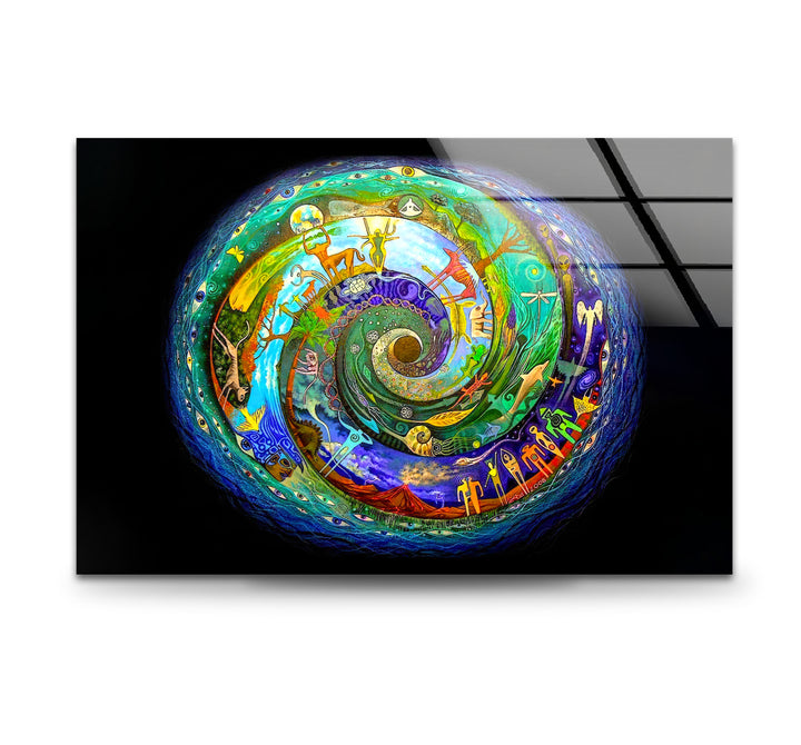 Cosmic Spiral Wall Art – Vibrant Spiritual Glass Print with Universe Symbols for Meditation & Modern Interiors