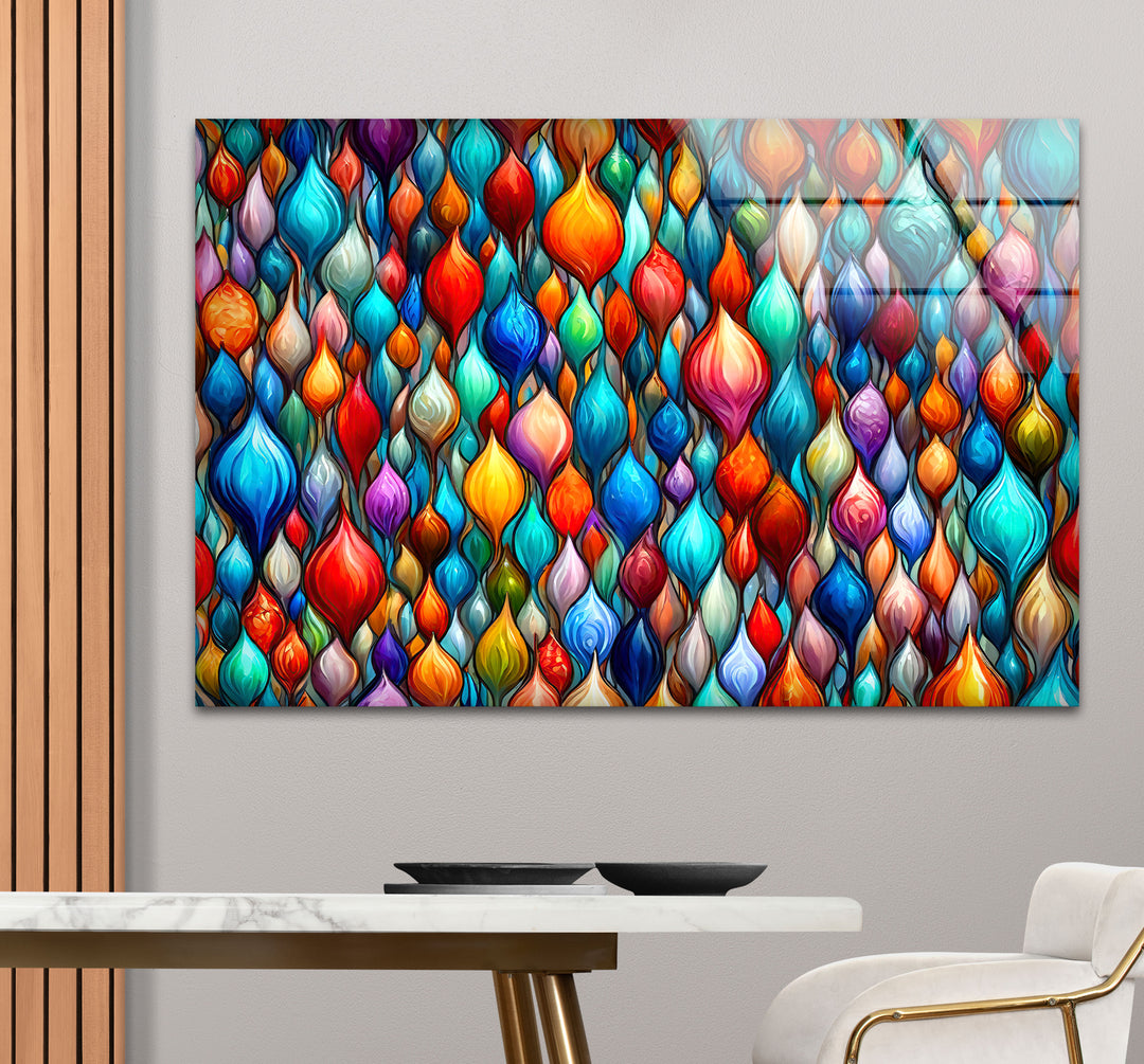 Lebendige abstrakte Glaswandkunst – Buntes Tropfendesign 
