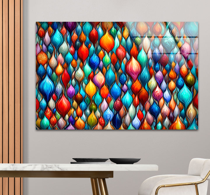 Lebendige abstrakte Glaswandkunst – Buntes Tropfendesign 