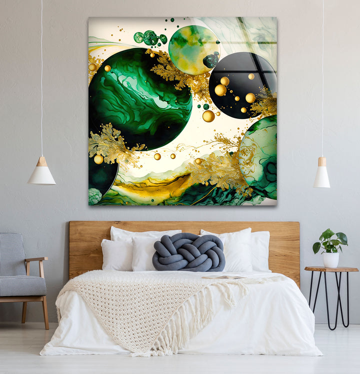 Emerald & Gold Abstract Glass Wall Art – Modern Luxury Home Decor