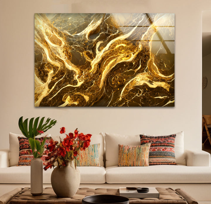 Molten Gold Marble Wall Art – Abstract Luxury Glass Print for Modern Decor