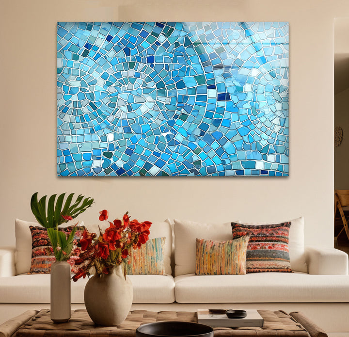 Aqua Blue Mosaic Glass Wall Art – Coastal Geometric Decor for Bathroom & Spa