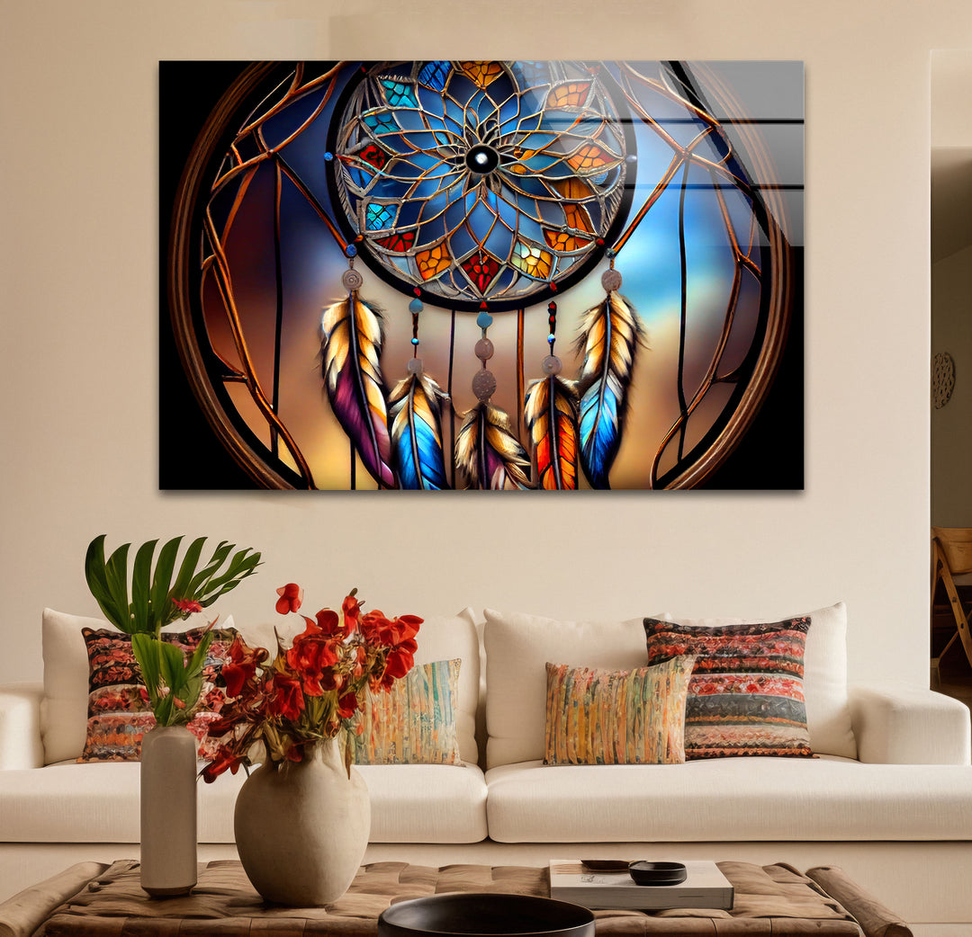 Dreamcatcher Stained Glass Wall Art – Boho Spirit Window Design, Tribal Home Decor