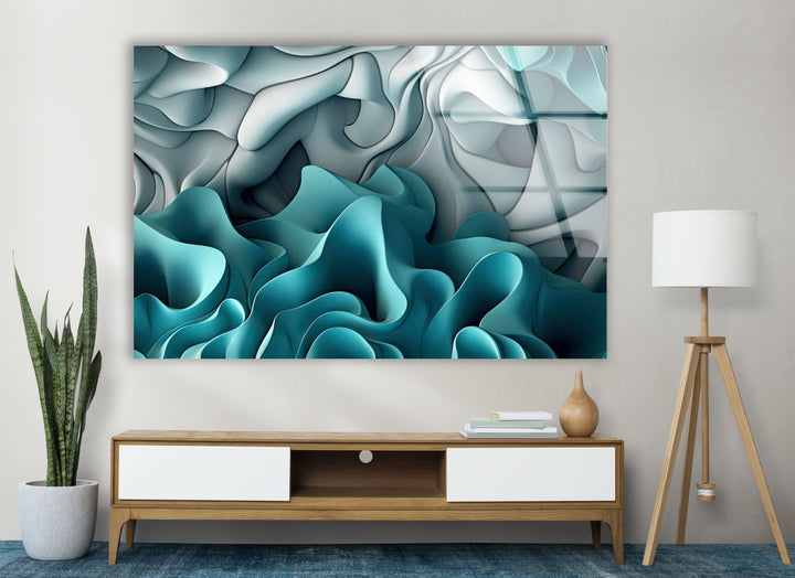 Aqua Dreamscape Wandkunst – Blaugrüner und grauer abstrakter Glasdruck 