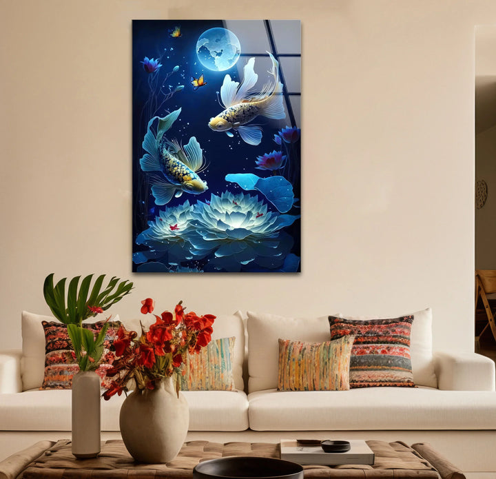 Moonlit Koi Fish and Lotus Wall Art – Tranquil Blue Glass Panel for Zen Decor