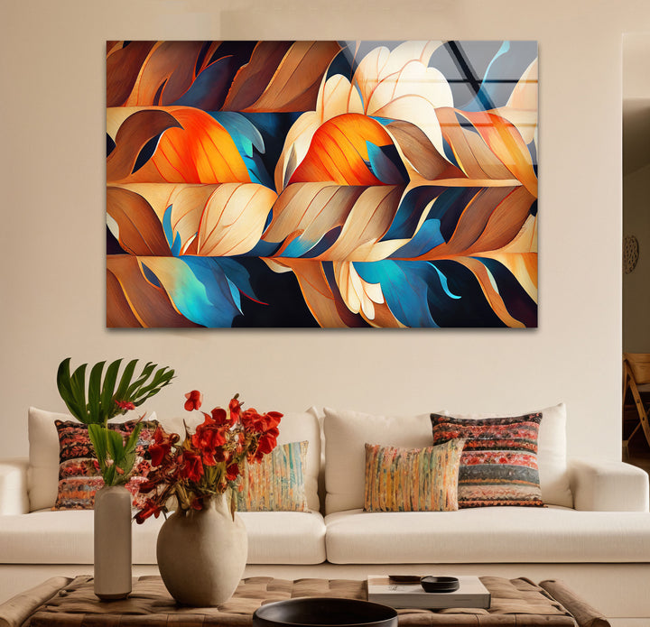 Abstract Feather Flow Glass Wall Art – Earthy Orange & Teal Nature Design