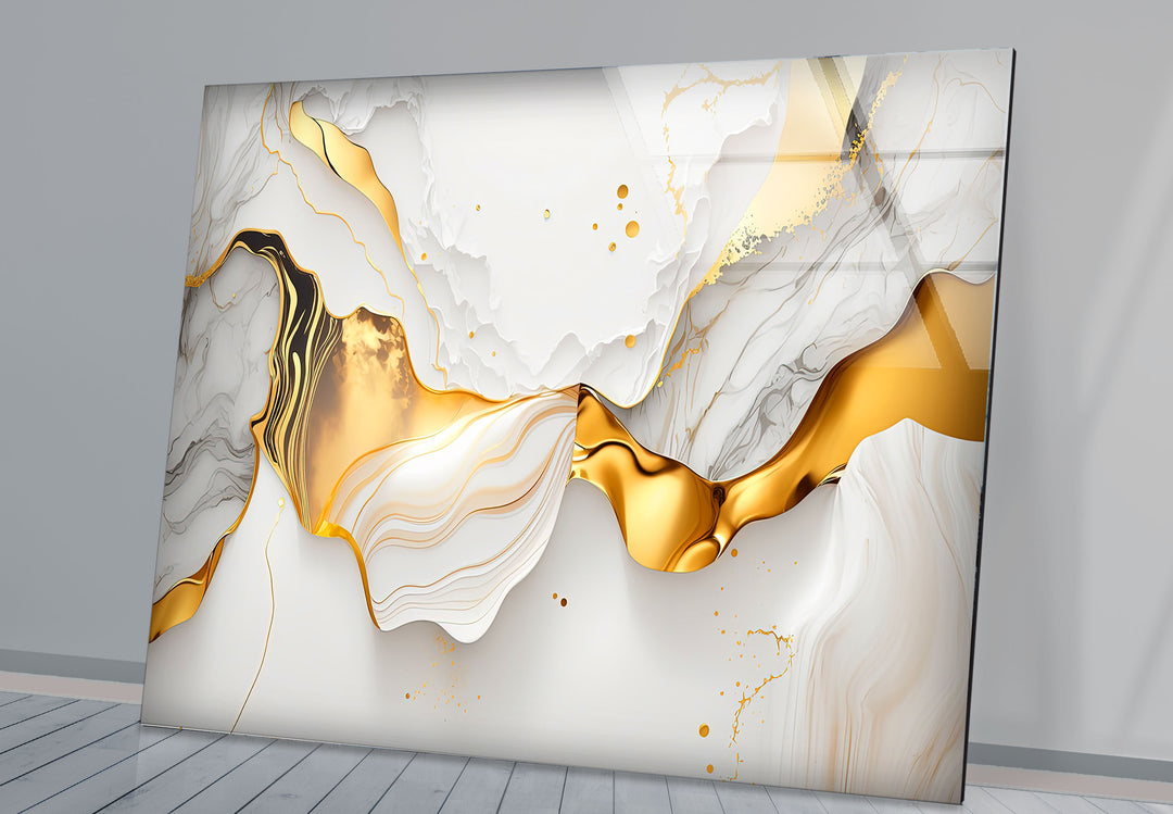 Marble Gold Wave Wall Art – Luxury Abstract Glass Print for Modern Interiors
