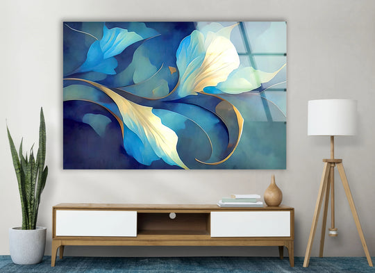 Smooth, glossy surface texture of abstract blue bloom best glass art with delicate ivory accents on flowing petals.