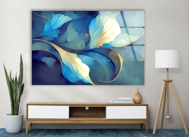 Blue Bloom Wandkunst – Eleganter floraler Glasdruck für Wohnräume 
