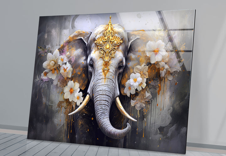 Regal Elephant Wall Art – Golden Floral Decor on Tempered Glass Panel