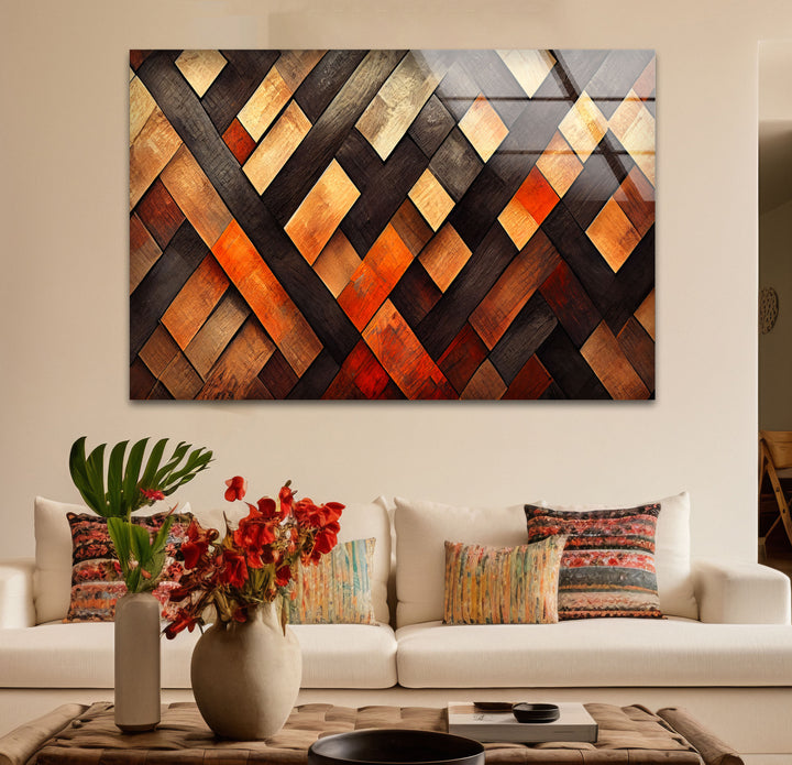 Rustic Wood Pattern Glass Wall Art – Geometric Wooden Texture Design