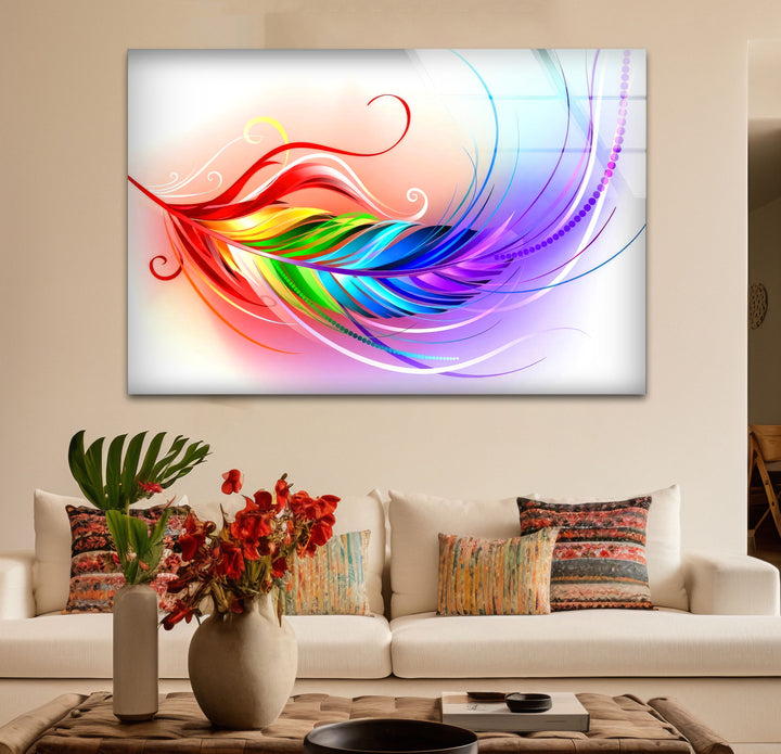 Rainbow Feather Glass Wall Art – Colorful Abstract Design for Modern Interiors