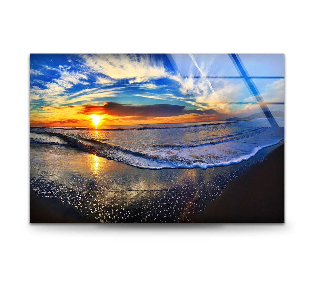 Sunset Beach Wave Wall Art – Vibrant Ocean Horizon Glass Print for Coastal and Modern Interiors