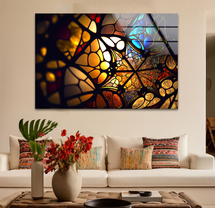 Goldene Buntglas-Wandkunst – Beleuchtete Mosaik-Lichtreflexionen