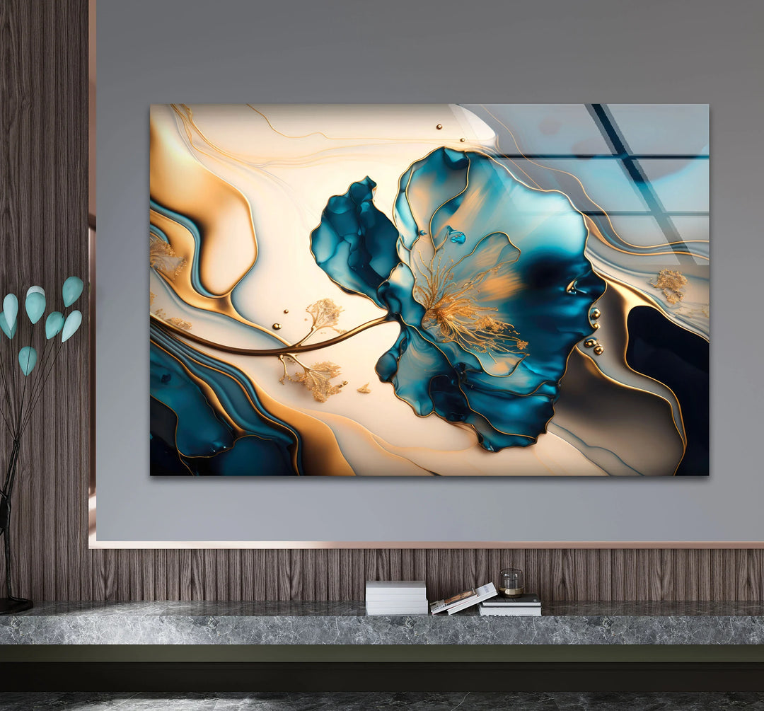 Luxury Blue Gold Floral Wall Art – Elegant Glass Print for Living Room or Office - MyPhotoStation