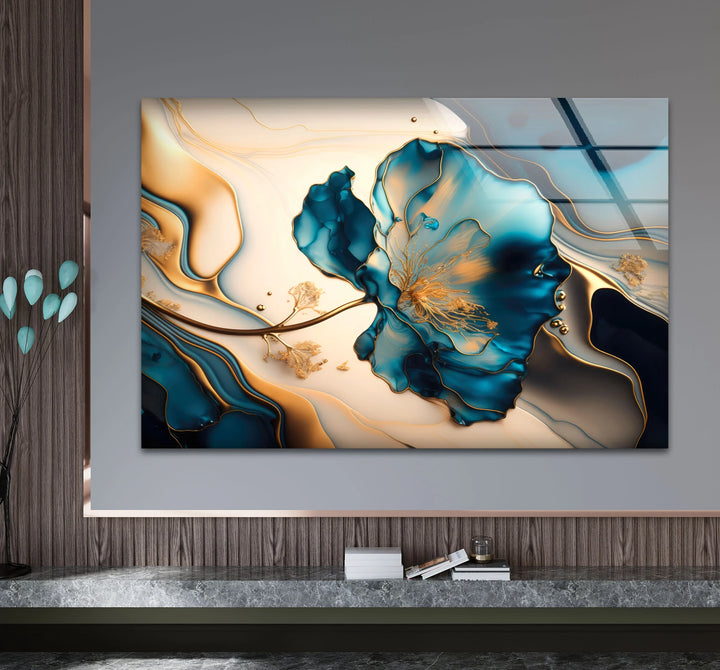 Luxury Blue Gold Floral Wall Art – Elegant Glass Print for Living Room or Office - MyPhotoStation