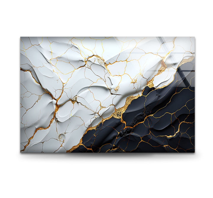 Elegant Cracked Marble Wall Art – Black White Gold Abstract Glass Print
