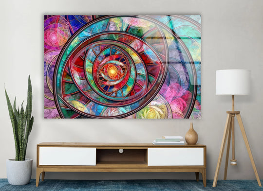 The hypnotic spiral print wall art creates a mesmerizing sense of dynamic motion through its psychedelic abstract design.