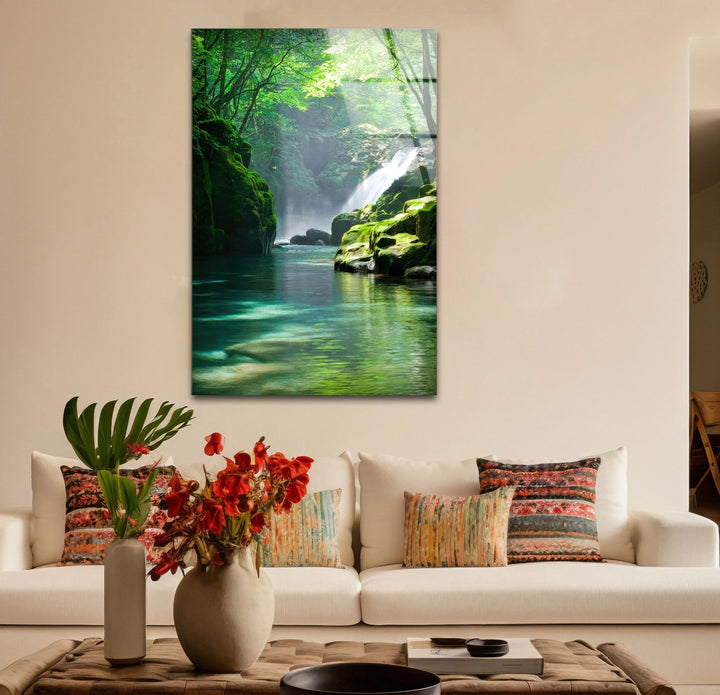 Tranquil Forest Waterfall Wall Art – Serene Nature Glass Print for Zen-Inspired Decor - MyPhotoStation