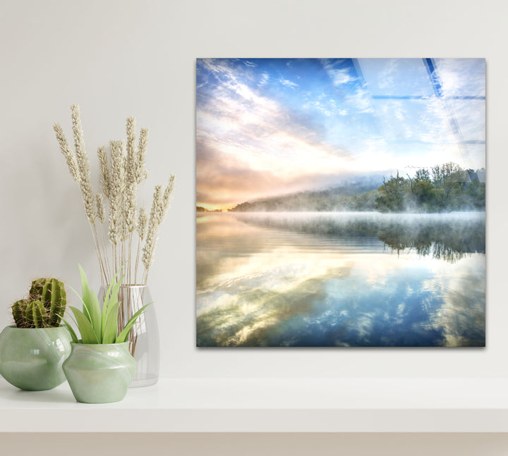 Misty Lake Sunrise Wall Art – Tranquil Morning Glass Landscape Print