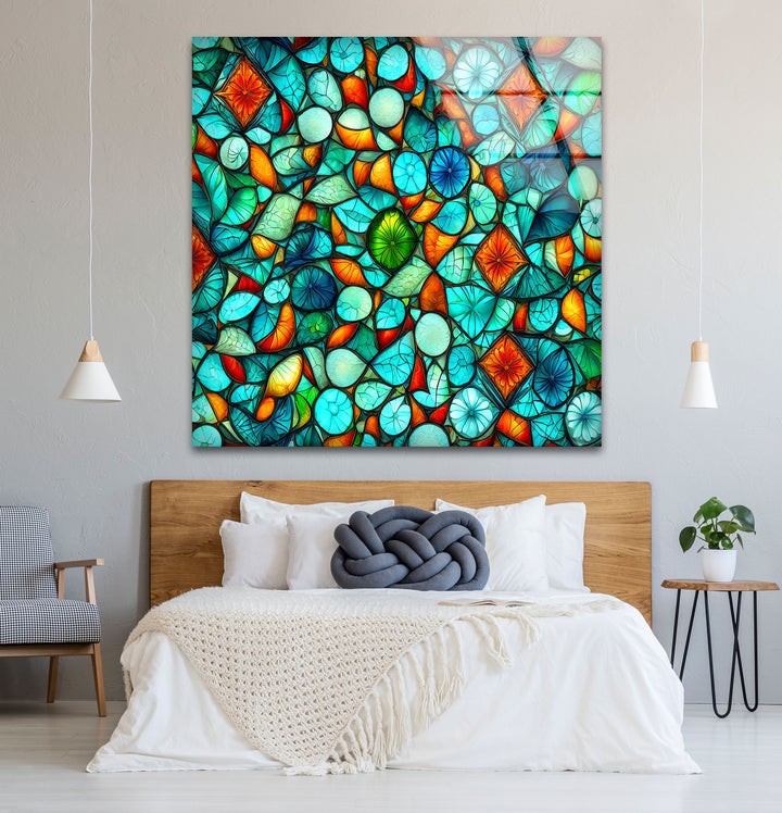 Lebendige Buntglas-Wandkunst – Abstraktes Mosaikmuster in Türkis und Orange