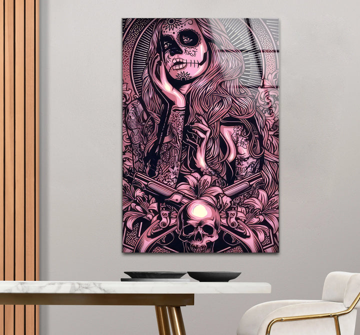 Day of the Dead Gothic Wall Art – Pink Skull Girl with Guns Tattoo Design - MyPhotoStation