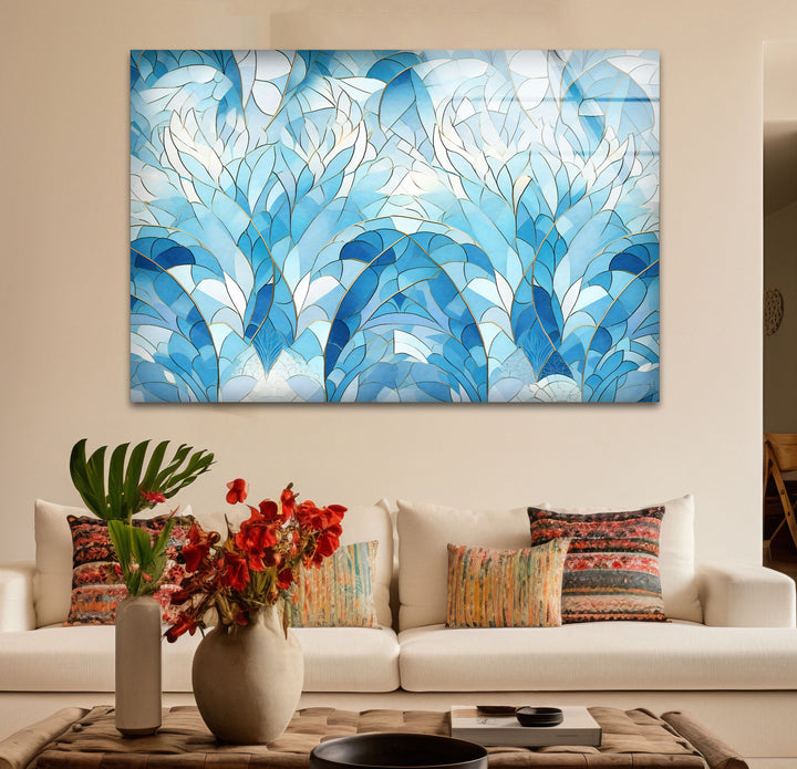 Ocean Leaf Stained Glass Wall Art – Blue Botanical Window Panel, Calming Nature Decor