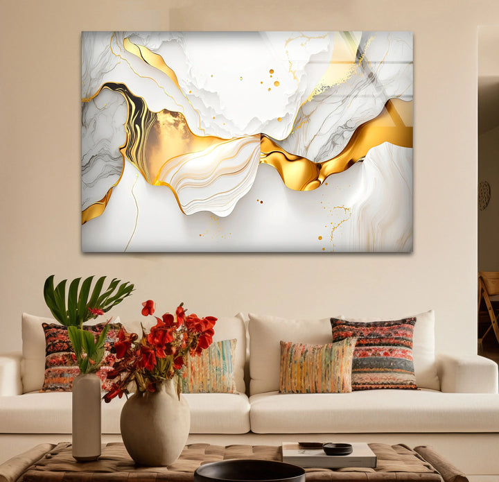 White and Gold Abstract Wall Art – Luxury Fluid Marble Glass Print for Modern Glam Interiors and Chic Living Spaces - MyPhotoStation
