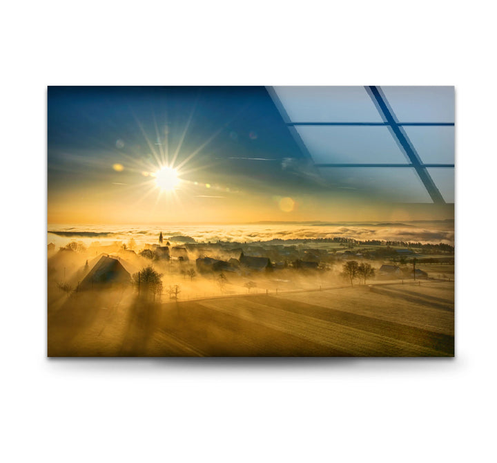 Golden Sunrise Over Foggy Countryside – Serene Morning Landscape Glass Wall Art - MyPhotoStation
