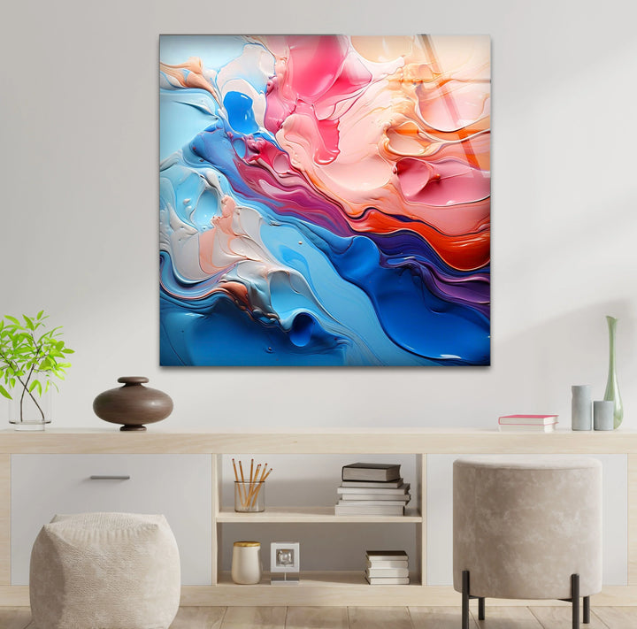 Color Flow Abstract Glass Wall Art – Vibrant Blue & Pink Modern Decor - MyPhotoStation