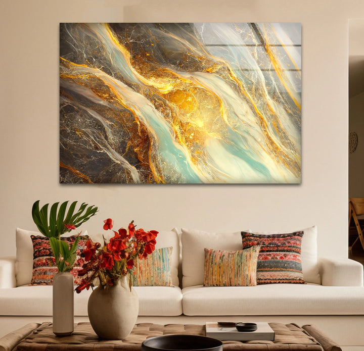 Gold Teal Marble Wall Art – Abstract Glass Print with Fiery Metallic Flow for Modern Elegant Interiors - MyPhotoStation