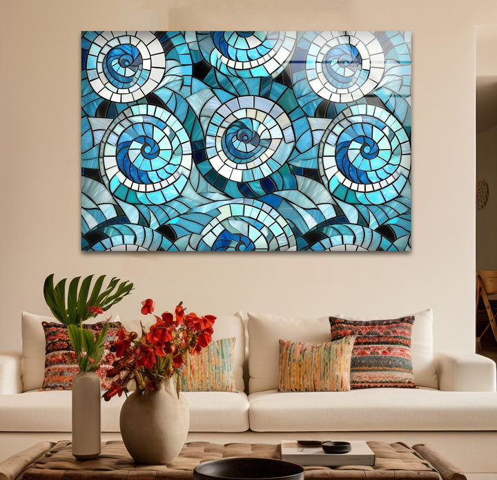 Nautical Spiral Stained Glass Wall Art – Blue Ocean Wave Design
