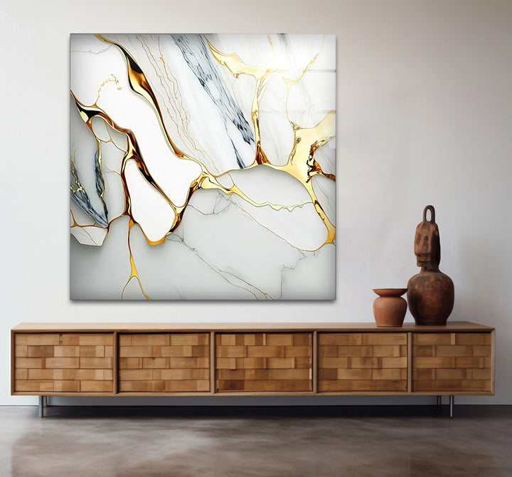 Gold Vein Marble Wall Art – Elegant White Glass Print with Metallic Cracks for Modern Luxe Interior Decor - MyPhotoStation