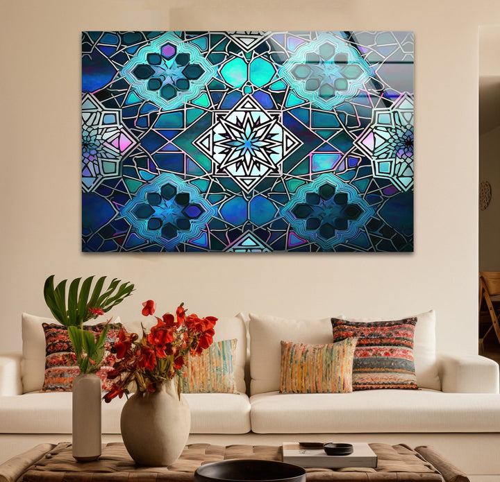 Blue Mosaic Star Glass Wall Art – Islamic Geometric Window Panel, Sacred Pattern Decor