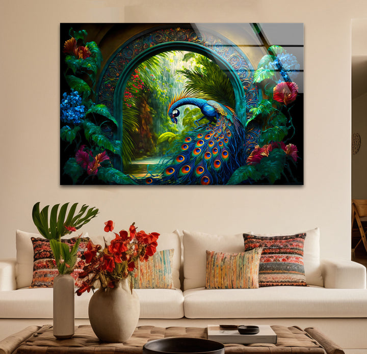Majestic Peacock Garden Glass Wall Art – Elegant Nature-Inspired Decor