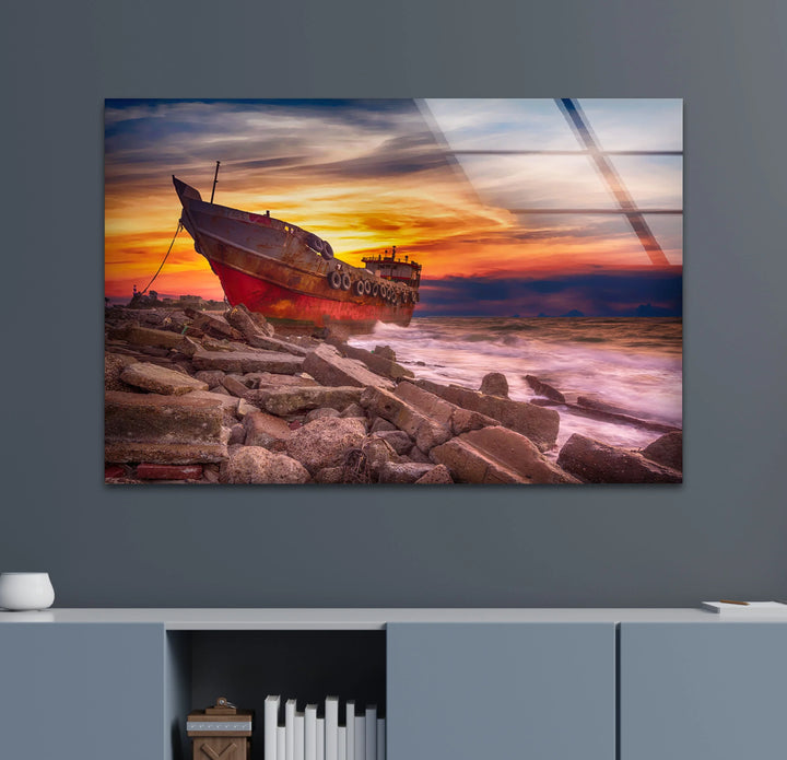 Abandoned Ship Wall Art – Sunset Seascape Glass Print for Nautical Decor - MyPhotoStation