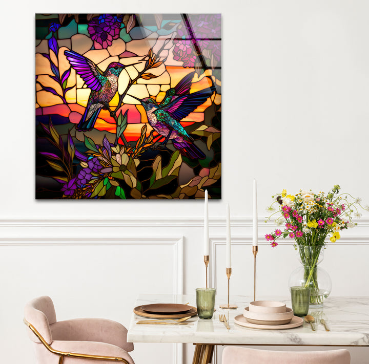 Hummingbird Stained Glass Wall Art – Sunset Floral Window Panel