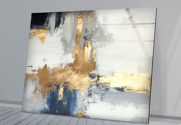 Navy Gold Brushstroke Wall Art – Modern Abstract Glass Print Décor