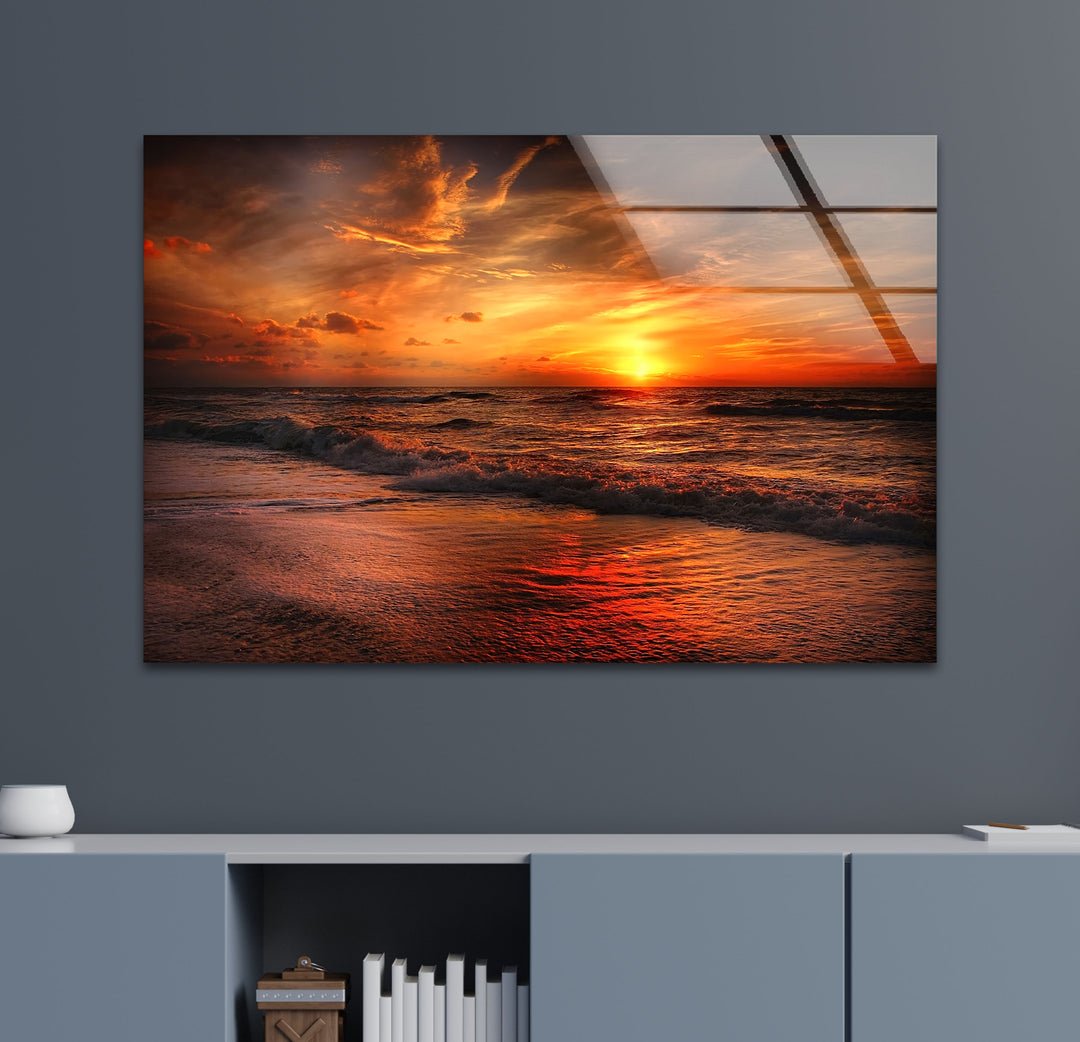 Fiery Sunset Ocean Wall Art – Bold Coastal Glass Print for Dramatic and Modern Interiors