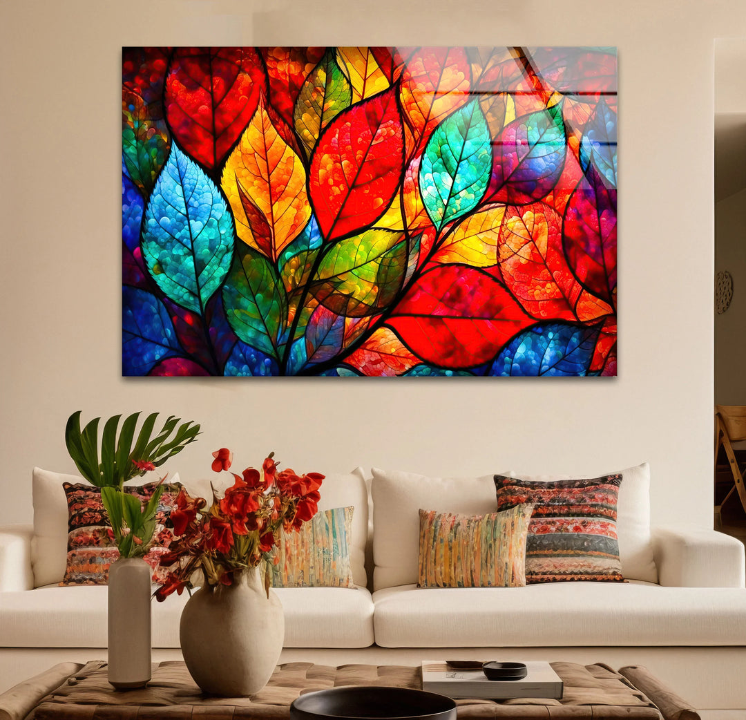 Vibrant Stained Glass Leaf Wall Art – Colorful Botanical Glass Decor - MyPhotoStation