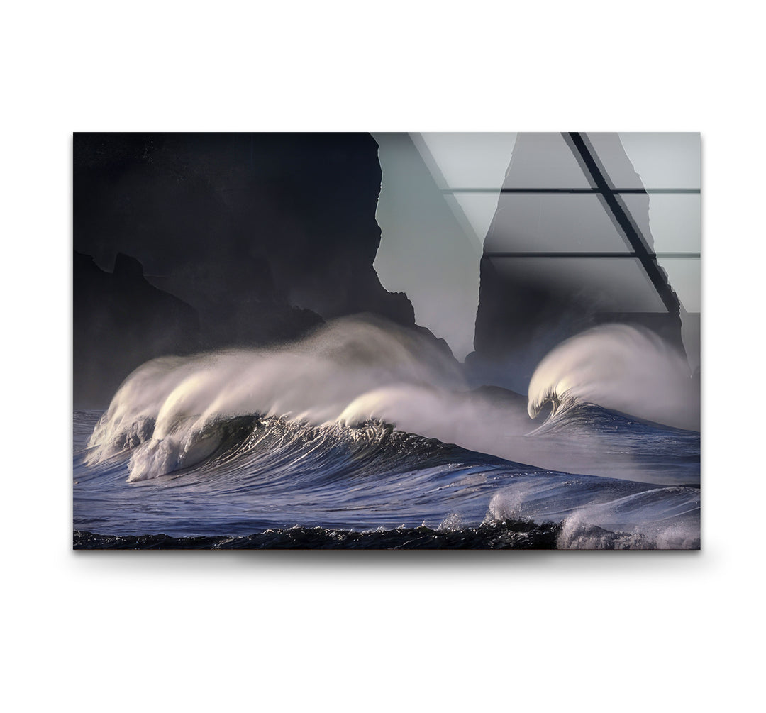 Stormy Ocean Waves Wall Art – Dramatic Coastal Glass Print with Dark Sea Cliffs for Modern Interiors