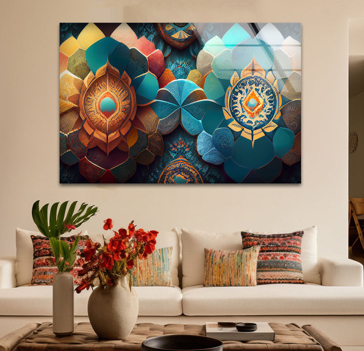 Luxuriöse Mandala-Wandkunst aus Glas – Abstraktes geometrisches Blumendesign